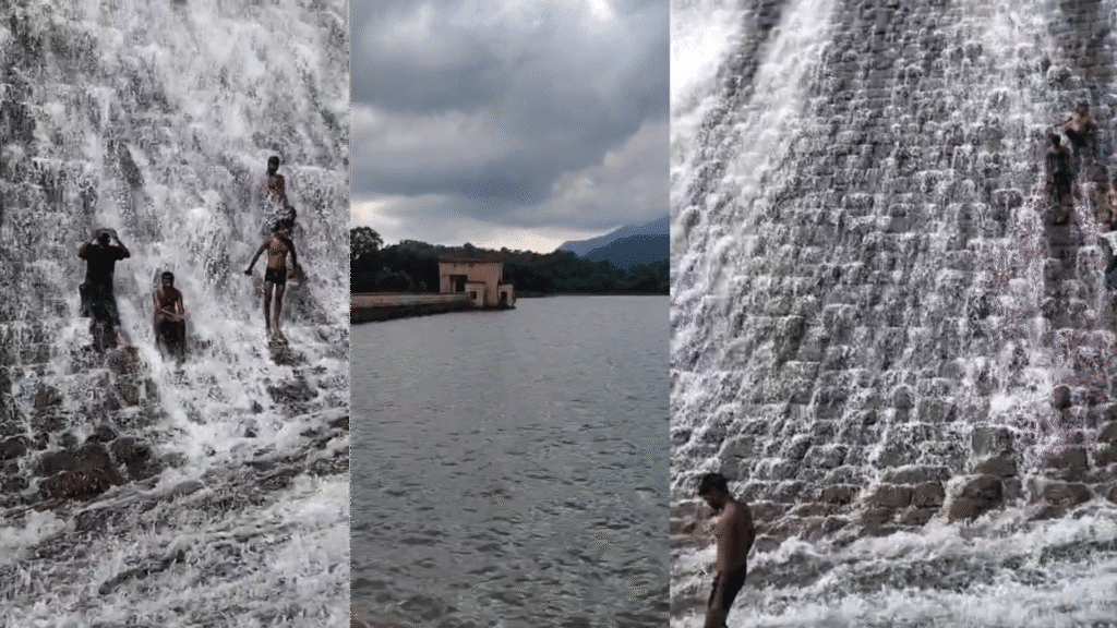 तोपचांची झील में जानलेवा मस्ती झील का बहता पानी ( बारिश के पानी ने तबाही मचा रखी है )